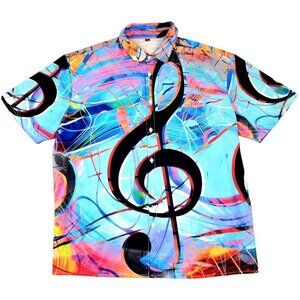 Mens 1XL Button-Up Short-Sleeve Vibrant Music Note Multicolor Abstract Print